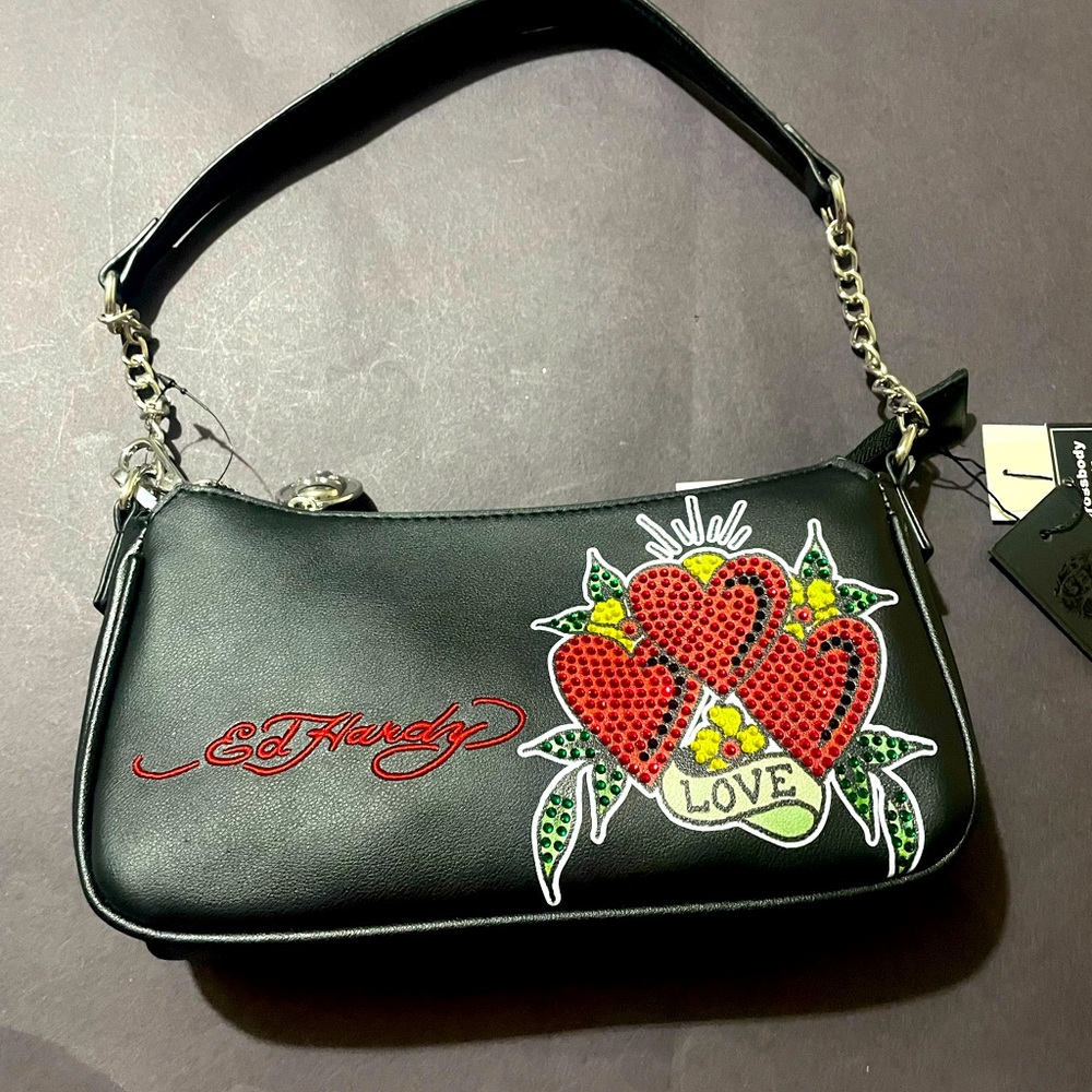 Ed Hardy Nova black crossbody bag with Red Hearts Design and embellishments BNWT